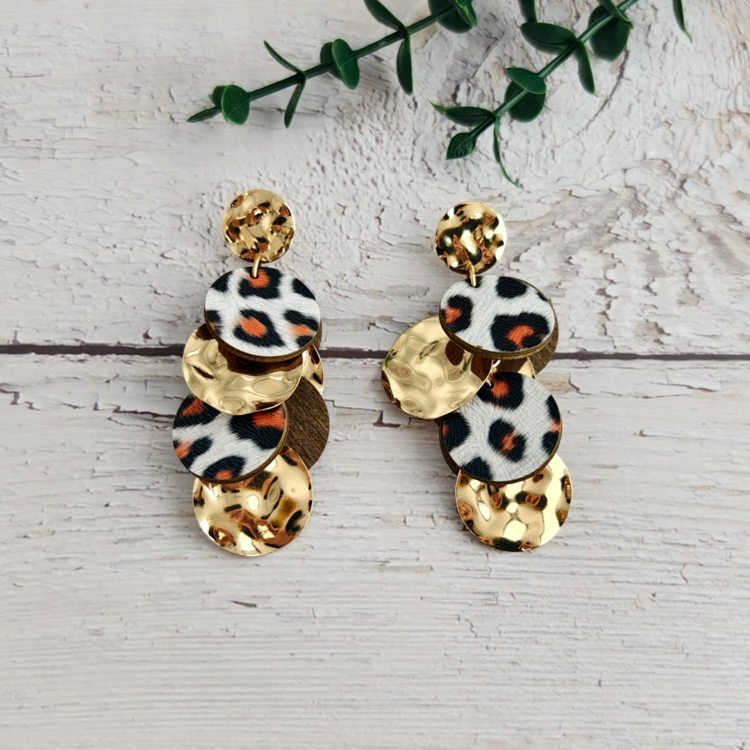 Wholesale Wooden Cut Double-layer Skin Leopard Print Exaggerated Retro Personality Grape String Earrings